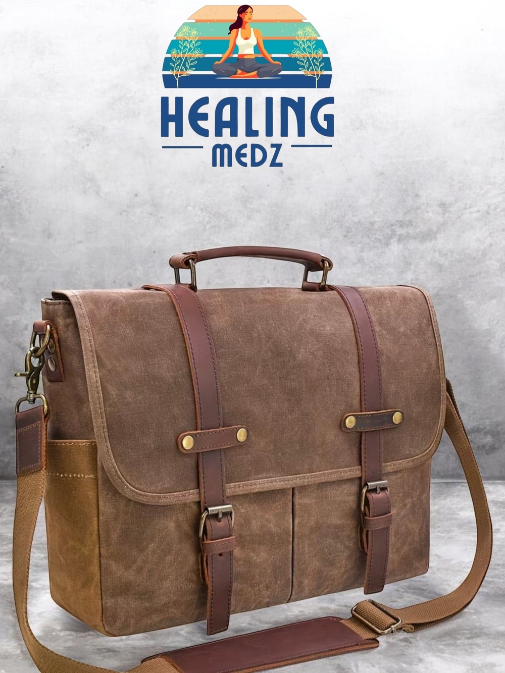 Mens Coffee Brown Vintage Messenger Bag 15.6 Inch Vintage Waxed Canvas Briefcase